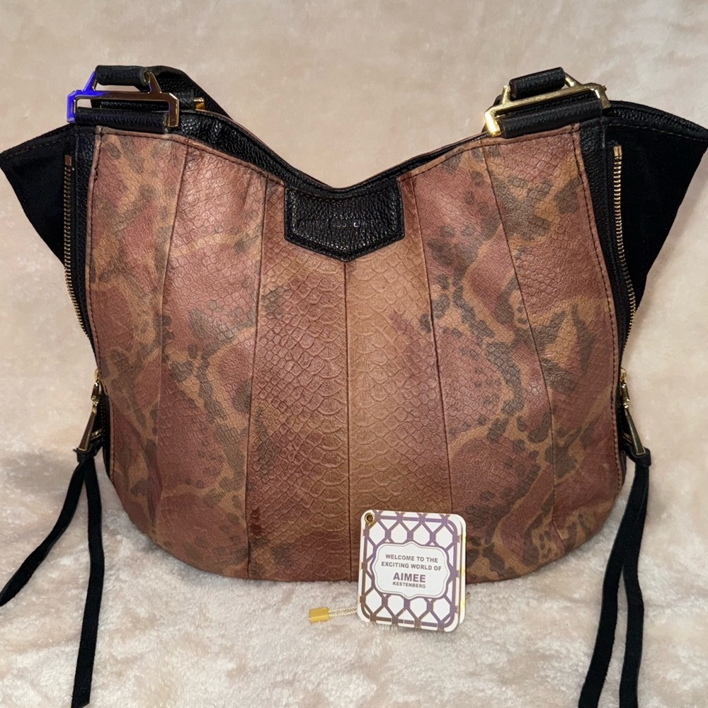 Aimee Kestenberg Leather Shoulder Bag Black Brown Snakeskin Tote Gold Hardware - Picture 2 of 16